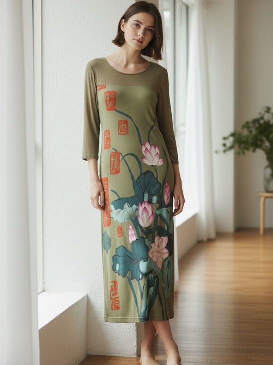Illig Dresses & Skirts - Illig Vintage 100% Silk Midi Dress Size M Y2K Asian Lotus Print Kanji Womens